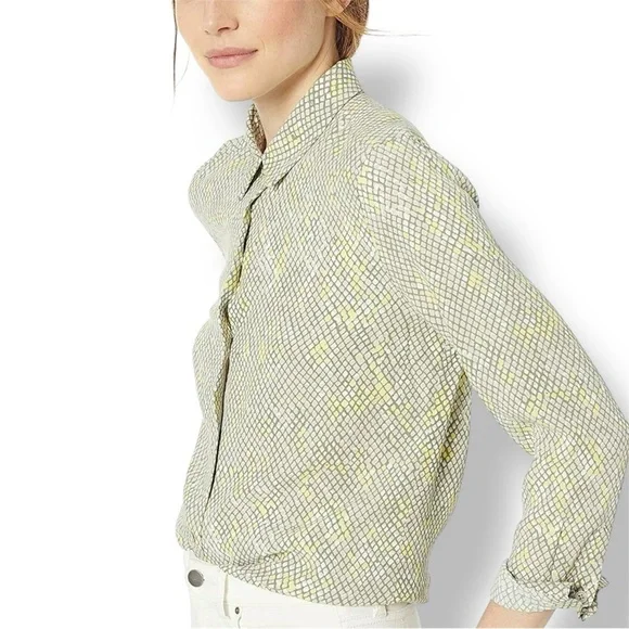 EQUIPMENT Grey & Yellow Button Up Shirt Geometric Snakeskin Blouse Silky Top - Picture 1 of 16